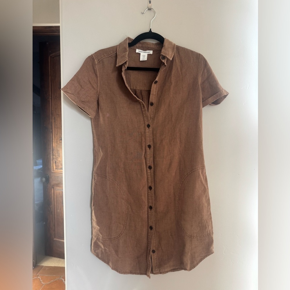 Lucky Brand Brown Boho Coastal Casual Button Down Shirt Dress Cottagcore XS